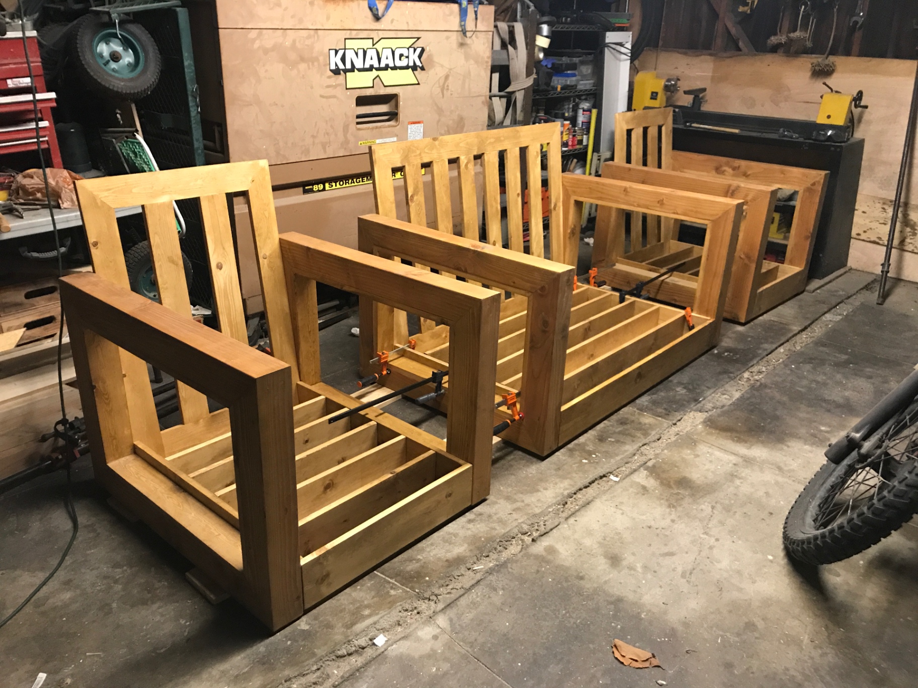 Cedar Lounge Frames — In Progress — Kiln-dried cedar · draw-bore joinery