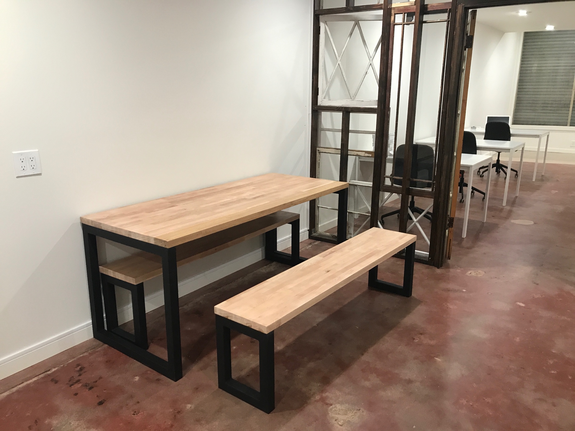 Butcher-Block Console & Bench — Hard maple top · blackened square-tube frame